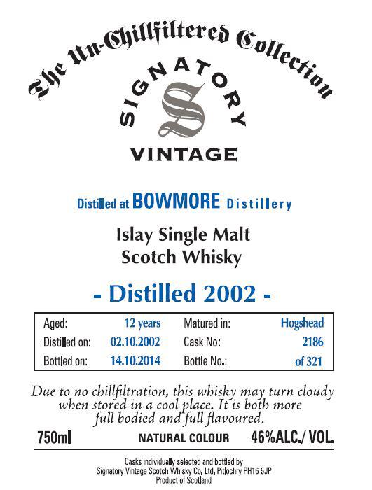 Bowmore 2002 SV #2186 46% 750ml