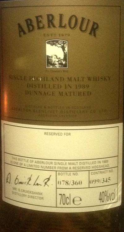 Aberlour 1989 Dunnage Matured for Hogshead Contract 099 345 40% 700ml